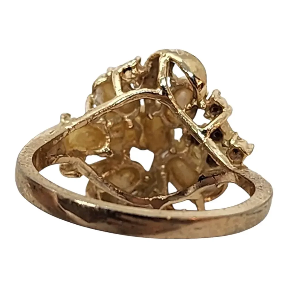 Vintage Genuine Pearl Rhinestone Cluster Cocktail Ring Floral Gold Plate Sz 6.75